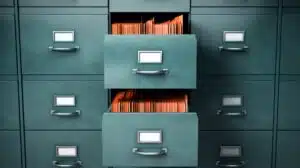 A filing cabinet with two drawers open. Stacked folders can be seen in each of the drawers.